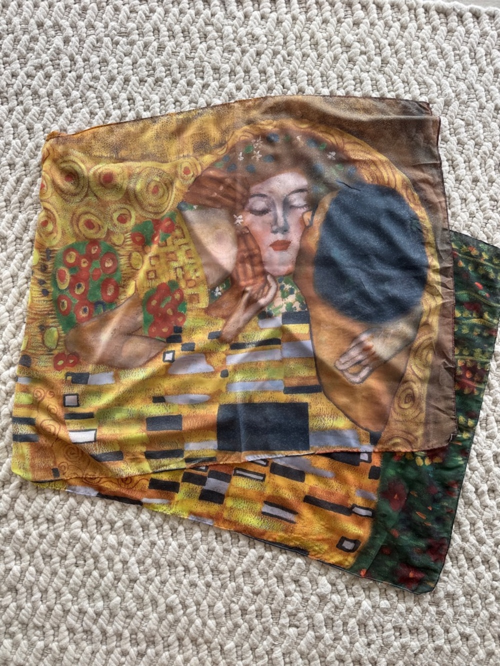 Vintage Gold & Green Art Print Silk Scarf - Klimt-Inspired